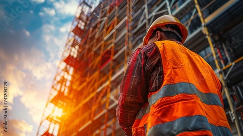 A construction worker in a reflective vest gazes at the sprawling construction site ahead, with the sunset casting a warm glow.