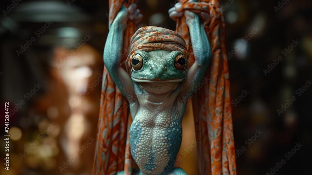 Obraz premium Süßer Ninja Frosch beim Training mit Klimmzügen als Cartoons