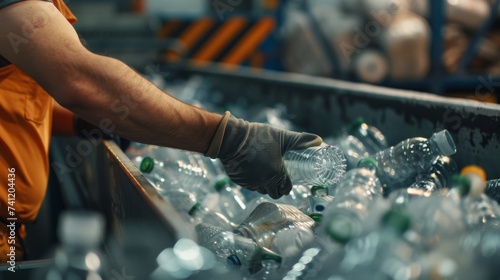 The hands of the employee in gloves are close-up. On the conveyor for recycling and sorting garbage from plastic bottles, glasses of different sizes, garbage sorting and recycling concept © ND STOCK
