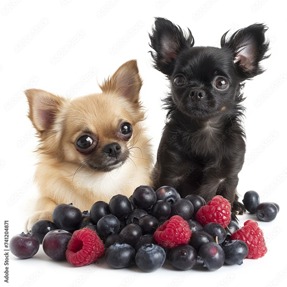 Two Chihuahua dogs sit side by side with berries in front of them. Image from AI.
Two Chihuahua dogs sit side by side with berries in front of them. Image from AI.