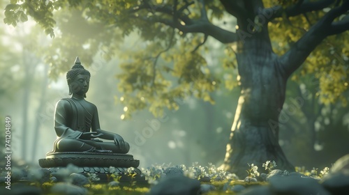 Buddha statue meditating near big tree. © May