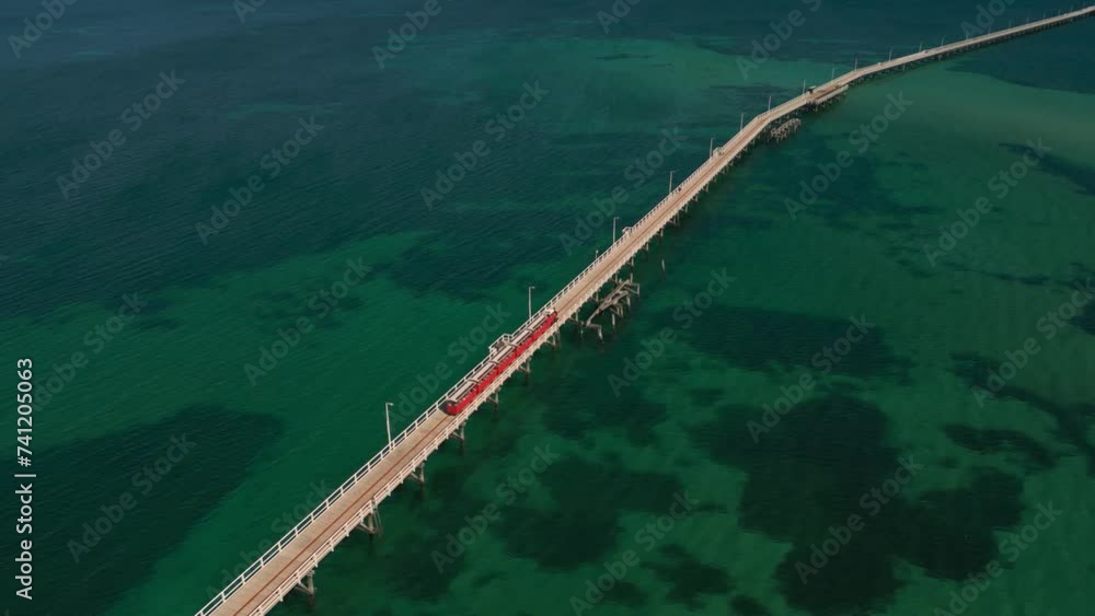 Jetty Train Trip Along Busselton Jetty In Australia, Aerial Orbital View Jetty Train Trip Along Busselton Jetty In Australia, Aerial Orbital View