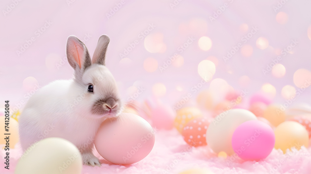 Cute rabbit and easter eggs. Concept of happy easter day. Cute rabbit and easter eggs. Concept of happy easter day.