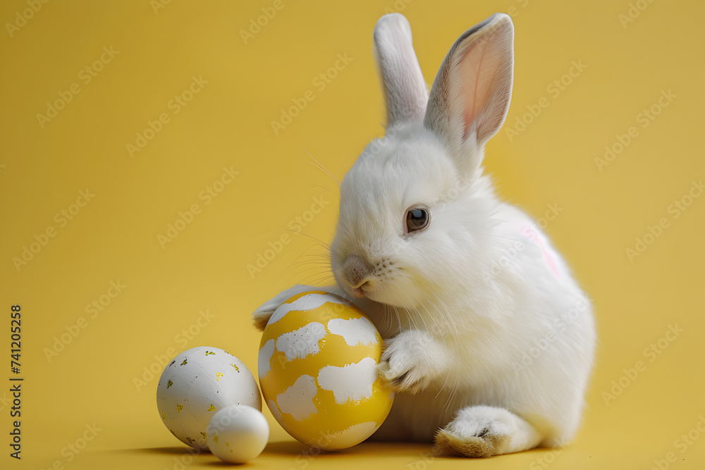 Cute bunny rabbit and easter eggs. Concept of happy easter day.