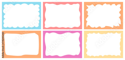 Set of abstract frames. Wavy edges, textbox bubble, curvy border for picture, diploma, poster. Vector illustration with transparent background. Simple childish vignette in doodle style.