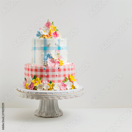 Pretty Trendy Gingham colorful floral wedding cake with 3 tiers  for Spring Summer party, bold colorful yellow purple orange colors on white background, cake decorating design modern happy POD mock up