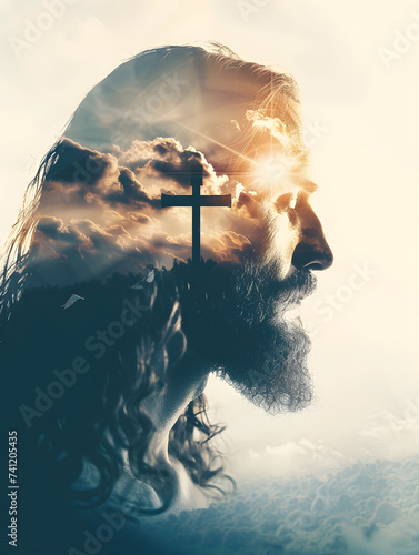 Jesus Christ carrying cross of suffering, symbolizing death, sacrifice and resurrection