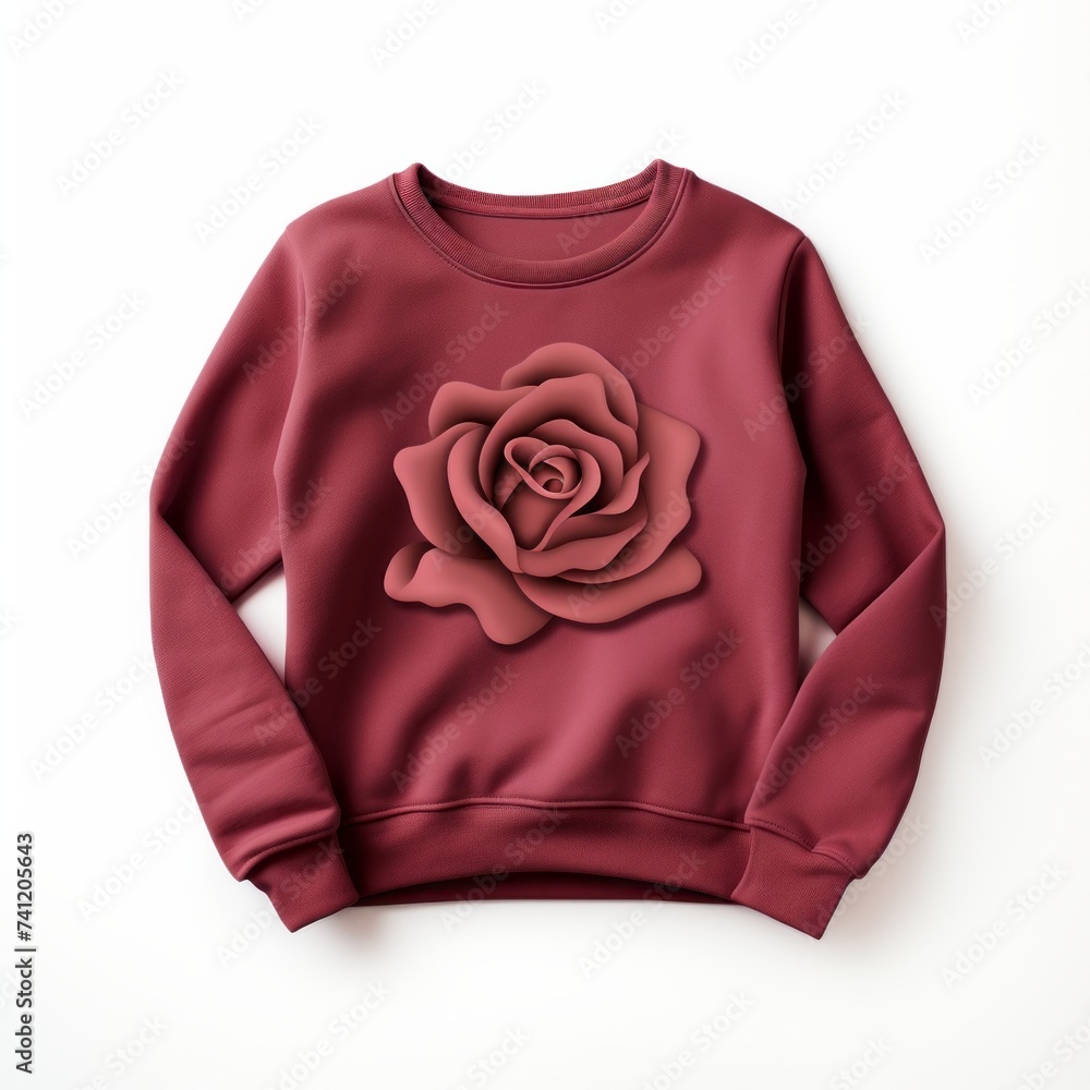 Maroon color crew-neck sweatshirt with rose print lying flat and folded on top of a white background Maroon color crew-neck sweatshirt with rose print lying flat and folded on top of a white background