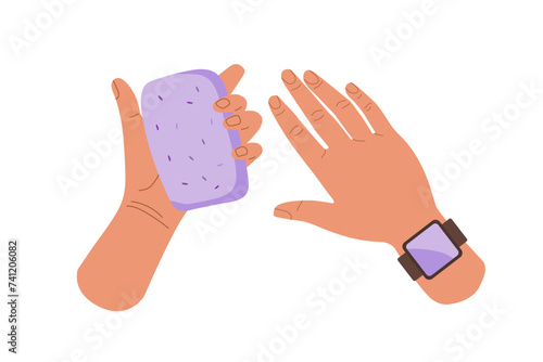 Human Hands with natural soap bar. Washing hands with soap vector illustration For natural organic product. Wash your hands. Hygiene poster. Spa natural treatments, diy cosmetic, bathing, eco concept.