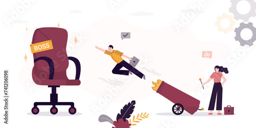 Smart male employee uses cannon to accelerate and quickly climb career ladder, promotion. Employment, vacant boss office chair. Hr agent or mentor help job applicant fly to new job.