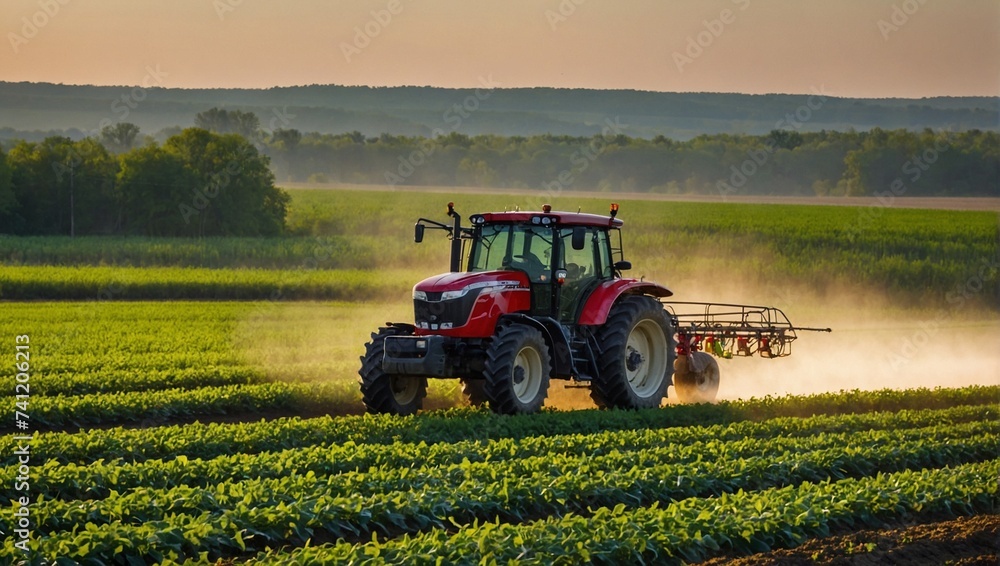 Fototapeta premium Tractor spraying pesticides on soybean field with sprayer at spring