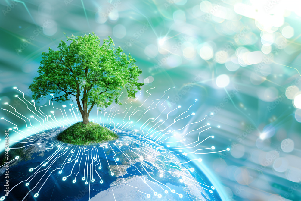 Tree growing on Circuit digital ball. Digital and Technology ...