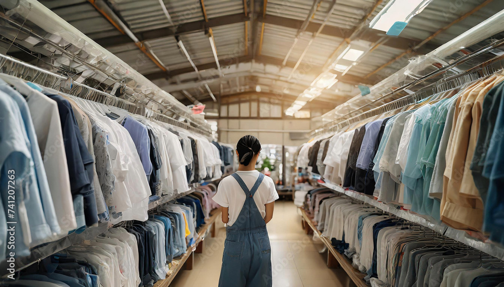 A vast warehouse filled with countless shirts hanging on racks. The back of a woman working in a cleaning factory. - obrazy, fototapety, plakaty 