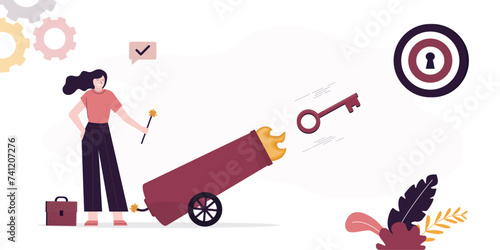 Businesswoman shoots big key from cannon at target. Ambition to achieve new goals, unlock new skills. Self-confidence, desire to develop and progress. Looking opportunities