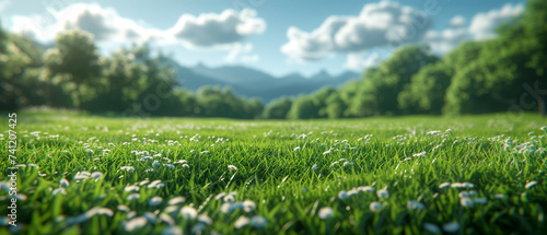 Wildflowers Sprinkled Across a Lush Meadow with Mountain Backdrop