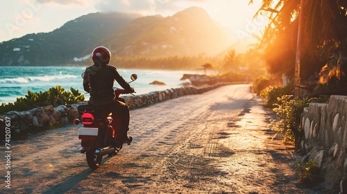 A person is riding a red scooter along a coastal road at sunset. The rider, wearing a checkered shirt and a red helmet, is seen from behind. They are traveling past a beach with waves crashing on the 