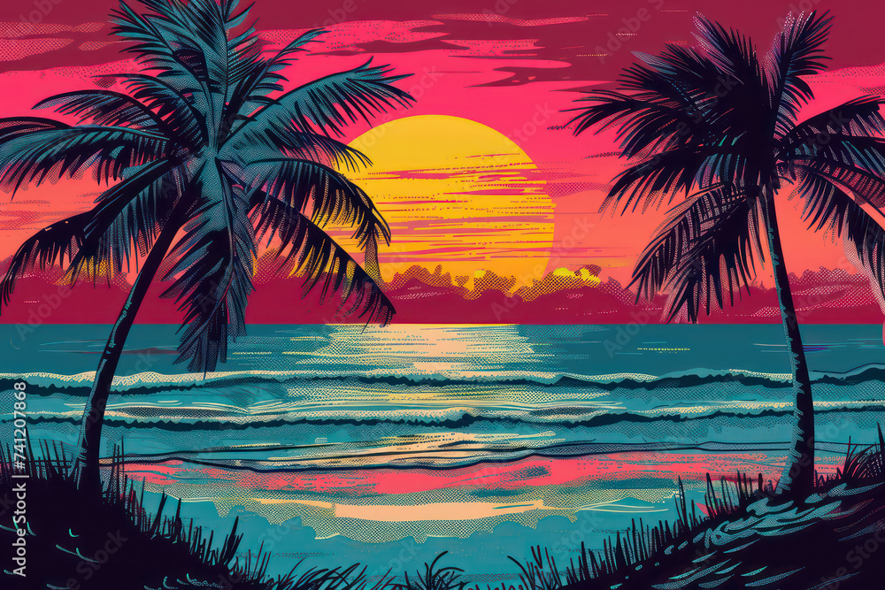 Retro tropical beach with pop art abstract background. Generative ai.