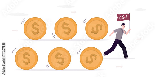 Attracting funding for new successful project. Business man or investor holding flag control flow of money. Rolling dollar coins, cash flow, fund raising, bank loan,