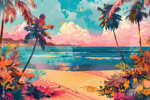Retro tropical beach with pop art abstract background. Generative ai.