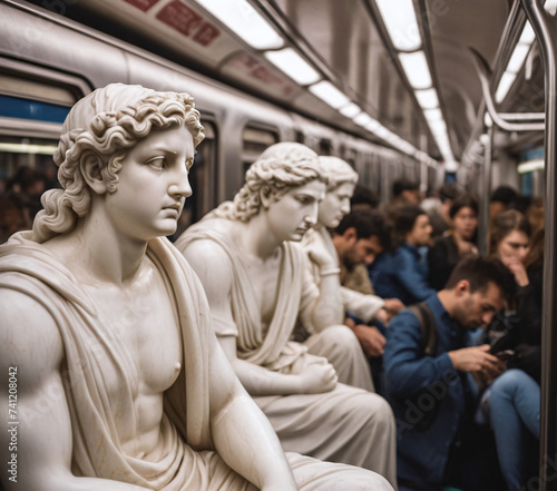 Roman statues riding the subway