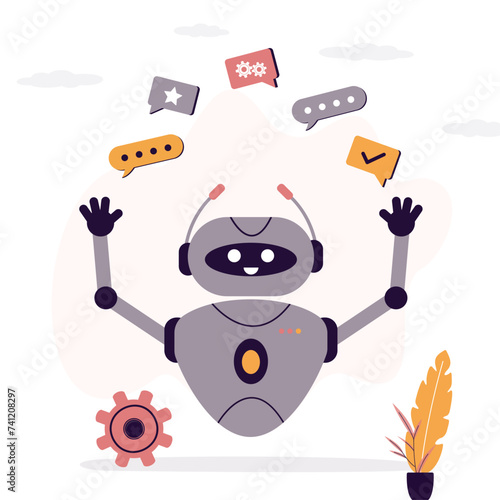 Chat bot or robot juggles speech bubbles. Dialogue between chatbot ai and various clients. Customer service app. Chat bot virtual assistant. Customer support app.