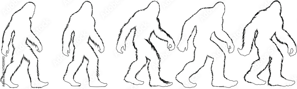 Obraz premium Bigfoot line art, mythical creature illustration, perfect for cryptology, mystery themes, and wilderness exploration. Captures the enigmatic Bigfoot in motion, ideal for engaging content