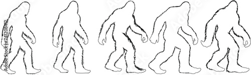 Bigfoot line art, mythical creature illustration, perfect for cryptology, mystery themes, and wilderness exploration. Captures the enigmatic Bigfoot in motion, ideal for engaging content