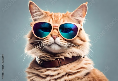 portrait of a cat with blue sunglasses, cute pets funny animals