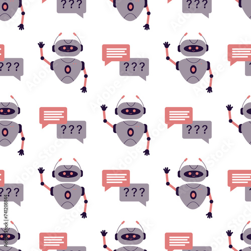 Robot chatbot with speech bubbles texture, wallpaper template. Bot operator isolated on white background. Smart chatbot character seamless pattern, business concept