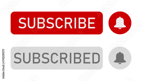 Vector illustration of red and gray buttons with subscribe, subscribed and notification bell buttons - isolated icons - suitable for video blog.