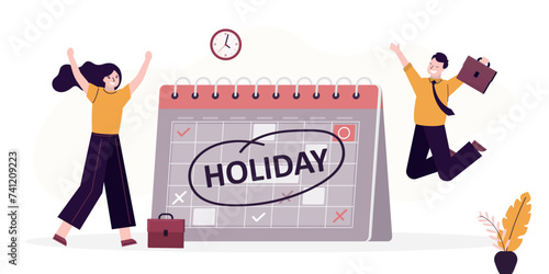 Business people with big calendar jumping with joy to celebrate holidays. Company holiday for employee to take break and recharge. Long holiday, happy office workers