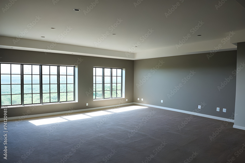 spacious room, illuminated by natural light from the windows. empty room with a window spacious room, illuminated by natural light from the windows. empty room with a window