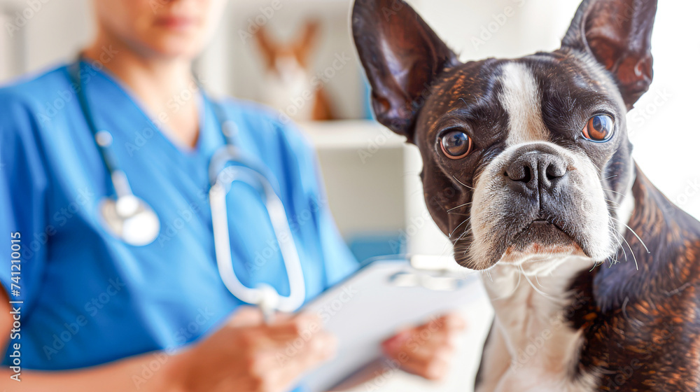 Attentive French Bulldog receives a check-up from a veterinarian, with a focus on the dog's expressive eyes, highlighting the importance of regular pet healthcare.