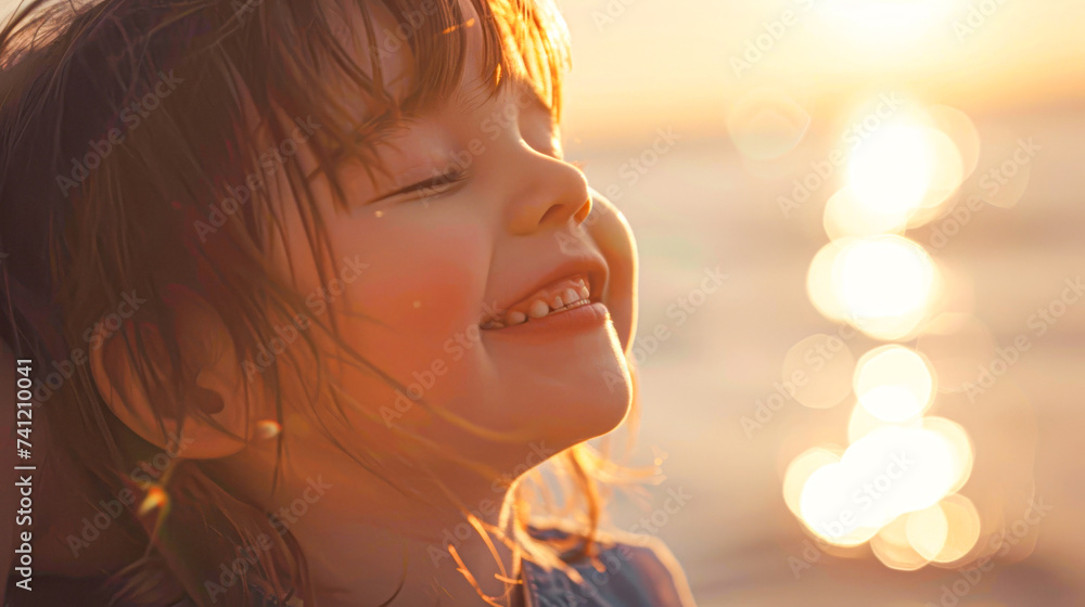 Fototapeta premium Joyful child basking in the sunset by the water, a serene moment capturing the pure bliss of nature's beauty.