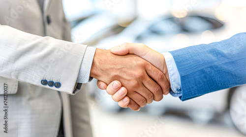 Close-up of a firm handshake between two business people in a car dealership showroom.