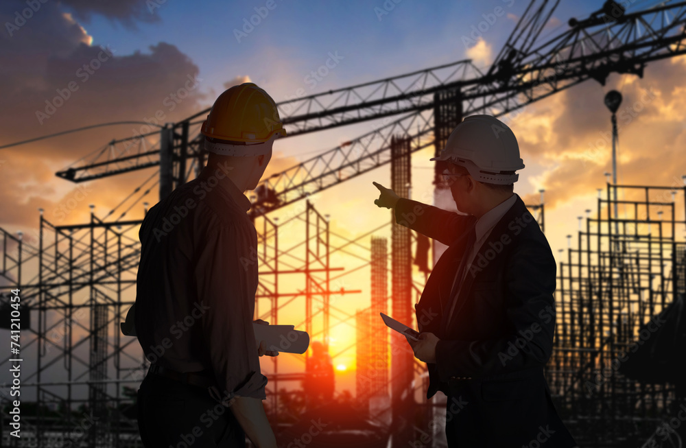 Two construction engineers in hard hats discuss project plans against a backdrop of silhouetted cranes at sunset.. Two construction engineers in hard hats discuss project plans against a backdrop of silhouetted cranes at sunset..