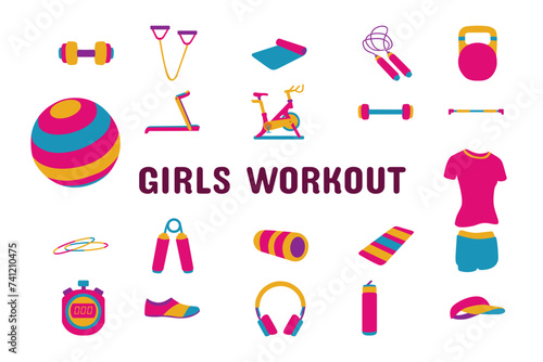 Girls Workout Flat Vector Illustration Icon Sticker Set Design Materials