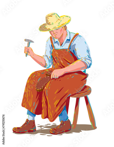 WPA poster art of a medieval cobbler, shoemaker or shoe repairer repairing shoes sitting on stool 
done in works project administration or federal art project style.