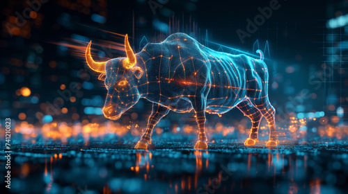 Blue digital bull stock market concept background