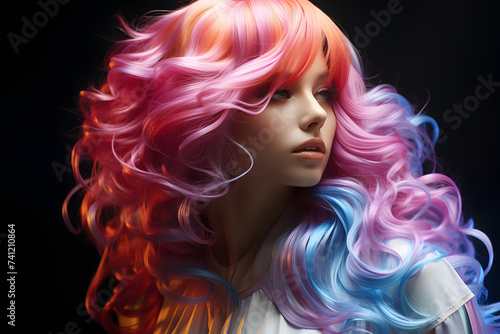 A Cute and Young Woman with Colorful Wavy Hair