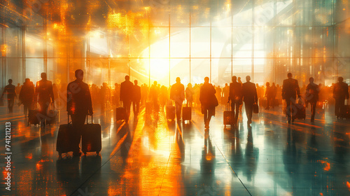 motion blur with business people, and travelers with suit cases strolling through a busy airport .