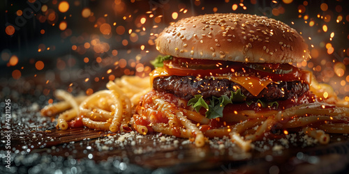Spaghetti Burger als neueste Kreation für den Dinner als Foodaufnahme Nahaufnahme, ai generativ photo