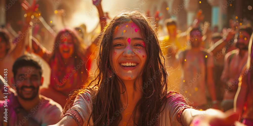 Banner with smiling indian people celebrating Holi holiday dancing and throwing color powder. Shallow depth of field. Banner with smiling indian people celebrating Holi holiday dancing and throwing color powder. Shallow depth of field.
