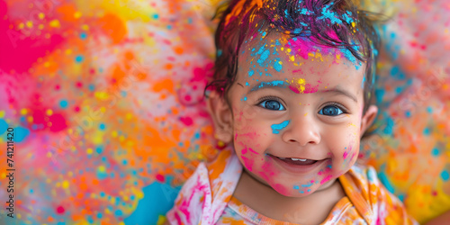 Banner with smiling indian baby girl with Holi color powder on face. Banner with copyspace. Holi color festival concept. Shallow depth of field.