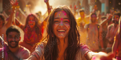 Banner with smiling indian people celebrating Holi holiday dancing and throwing color powder. Shallow depth of field.