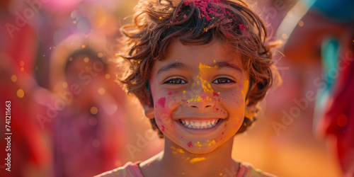 Banner with smiling indian boy with Holi color powder on face. Holi color festival concept. Shallow depth of  field.