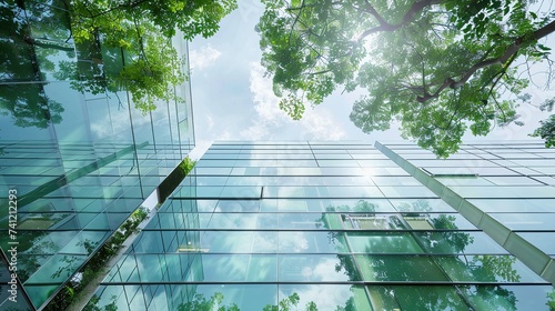 Trees and green environment in eco-friendly glass office Sustainable building