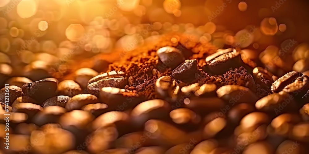 Close-up of dark roasted coffee beans with sparkling golden light, creating a warm, inviting atmosphere. - obrazy, fototapety, plakaty 