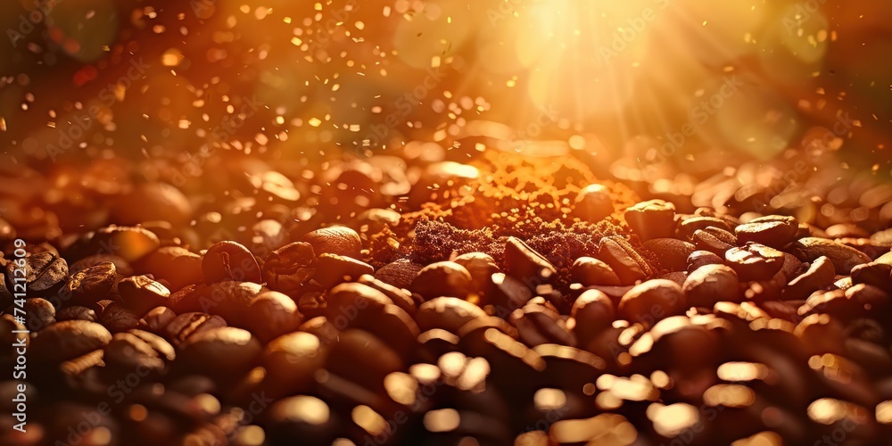 Close-up of dark roasted coffee beans with sparkling golden light, creating a warm, inviting atmosphere. - obrazy, fototapety, plakaty 