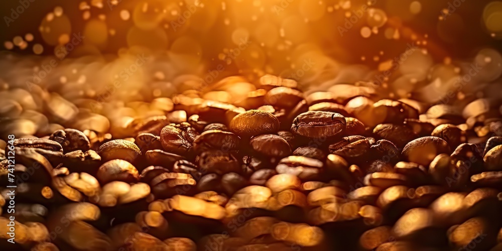 Close-up of dark roasted coffee beans with sparkling golden light, creating a warm, inviting atmosphere. Close-up of dark roasted coffee beans with sparkling golden light, creating a warm, inviting atmosphere.